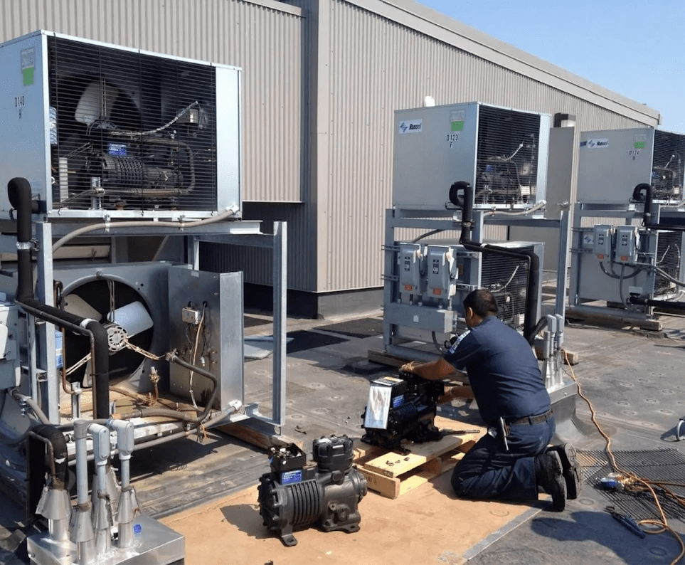 Technician fixing commercial fridge emergency