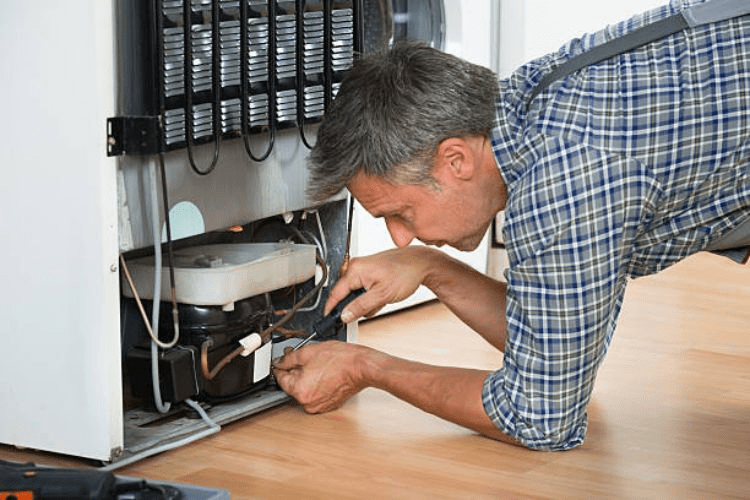 Technician inspecting fridge door seal