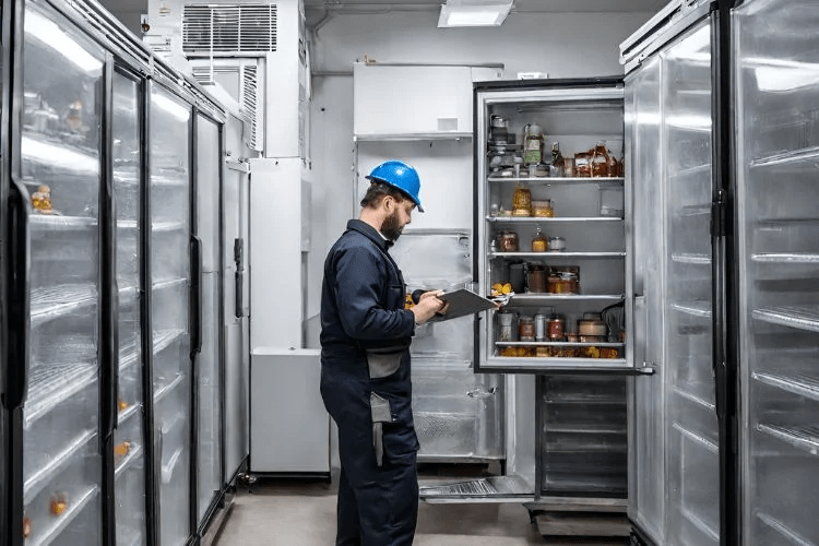 Commercial refrigeration technician repairing fridge